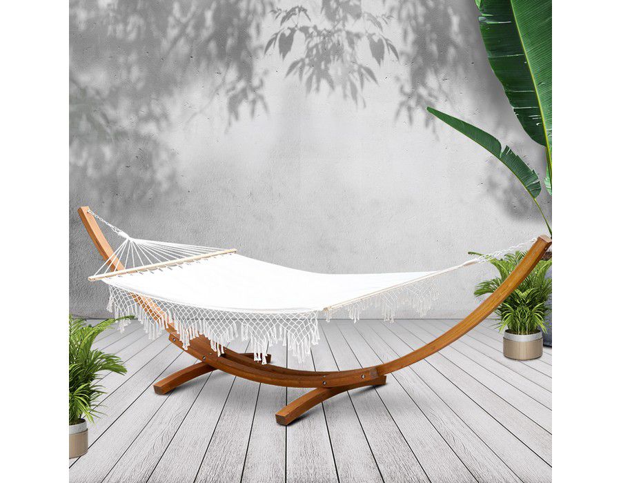 Swing Chair Outdoor Balcony Seating Double Wooden Hammock Cream - Image 2