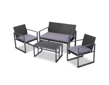 Table Chair Set Seating (Set of 4) Wicker Black + Cushions