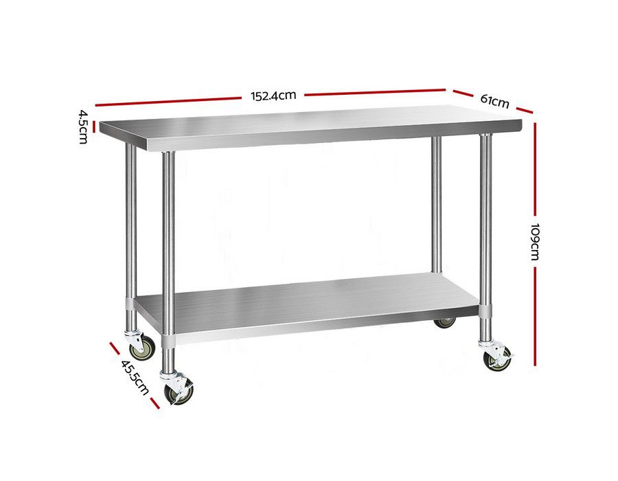 Food Processing Table Workbench (152x61cm) + Shelf + Wheels - Image 2