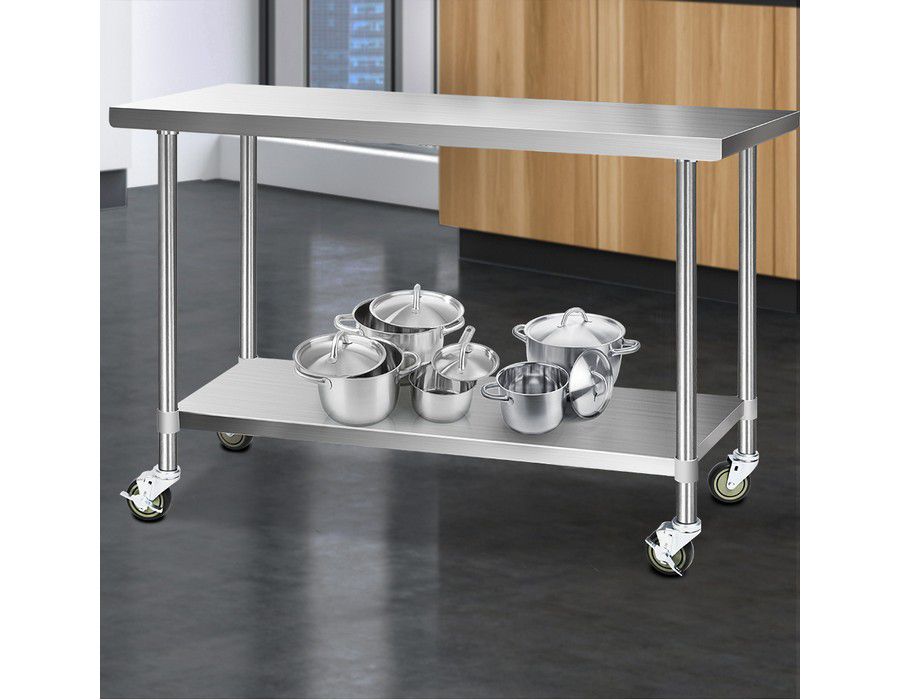 Food Processing Table Workbench (152x61cm) + Shelf + Wheels - Image 5