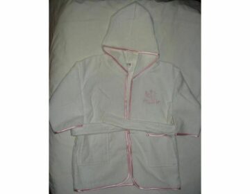 Kids Hooded Bathrobe 100% COTTON White Towel Size:4 Pink Satin Trim Belt Pockets