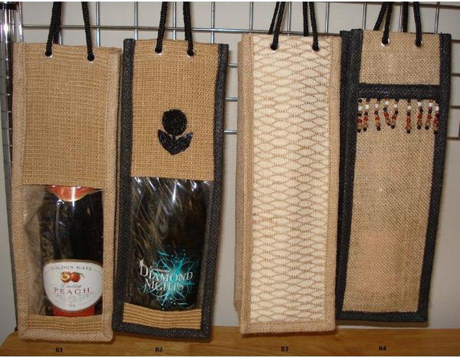 4 x Wine Bag Gift Bags Hand-made Jute Natural Fiber Style B4